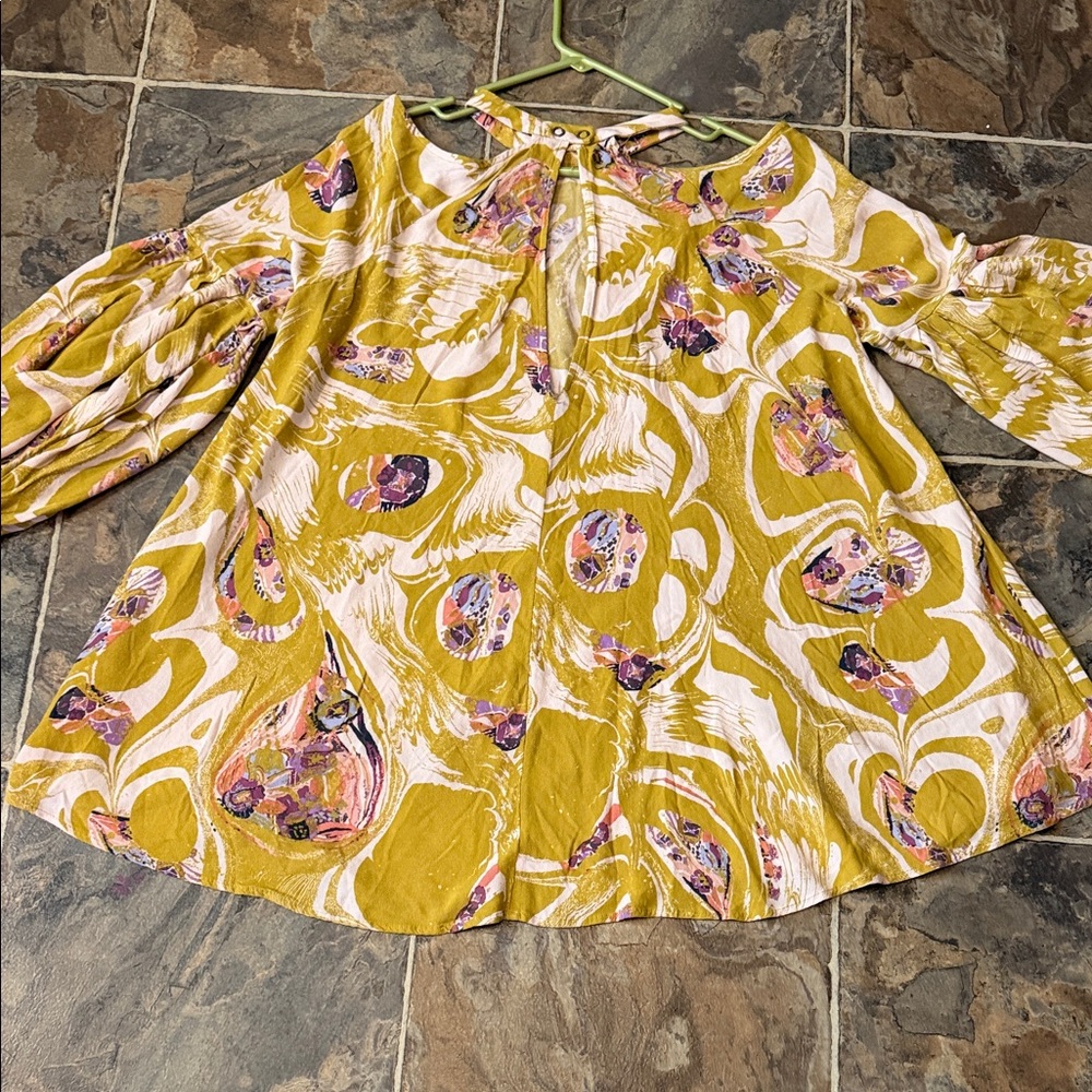 Free People Chartreuse Floral Off-Shoulder Blouse - Picture 6 of 9